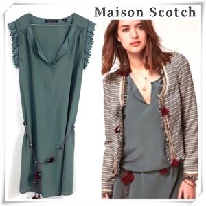 MAISON Scotch by Scotch & Soda Silk Blend Pom Pom Belt Sleeveless Dress in Green